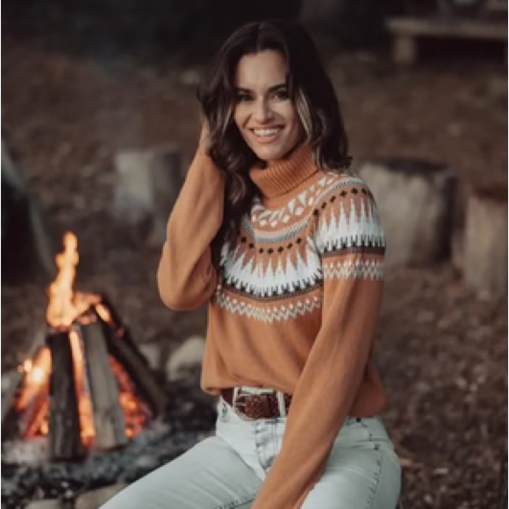 The Normal Brand Fair Isle Cotton Turtleneck Sweater Camel Brown Tan Patterned M